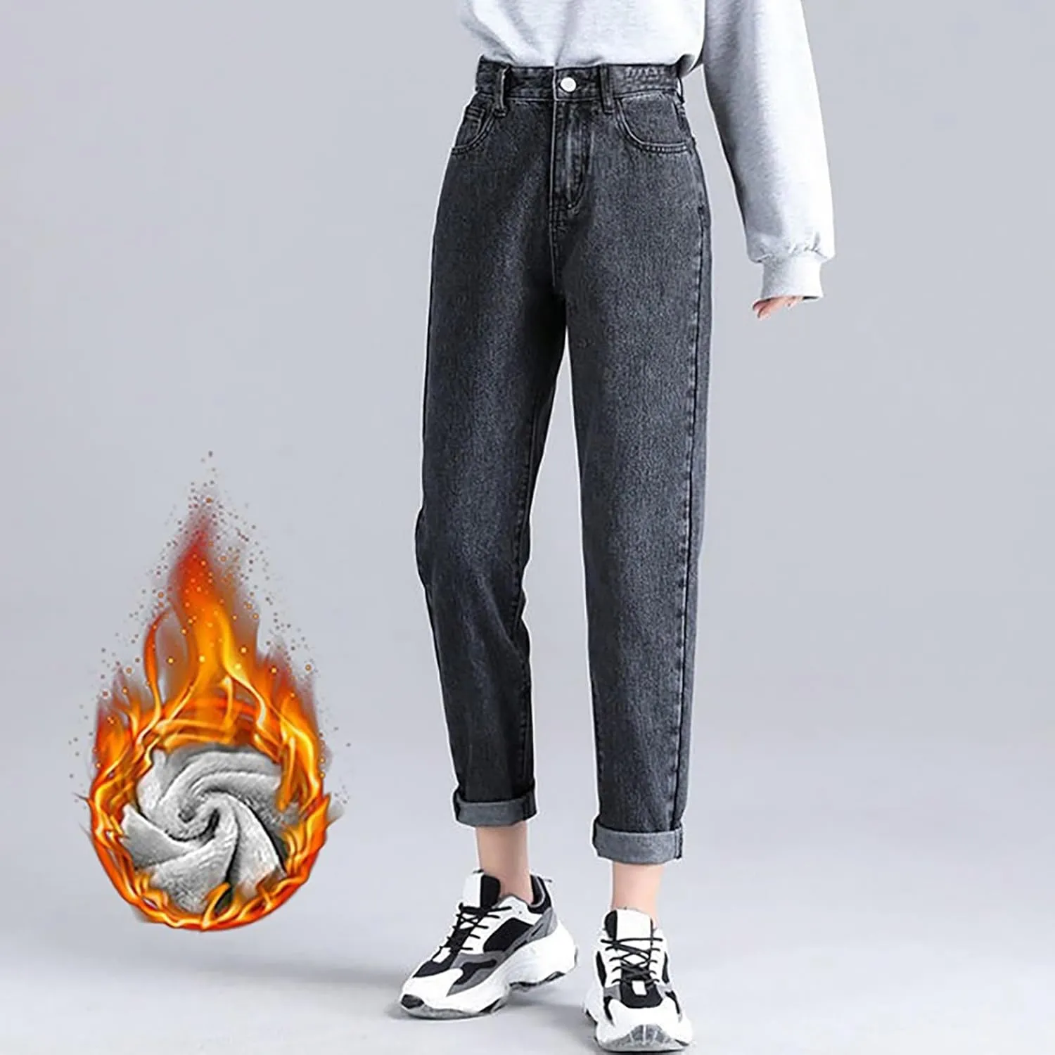 Women's Jeans High Waisted Warm Winter Lounge Stretch Fleece Lined Thicken Boot Cut Slim Fit Trousers with Pockets