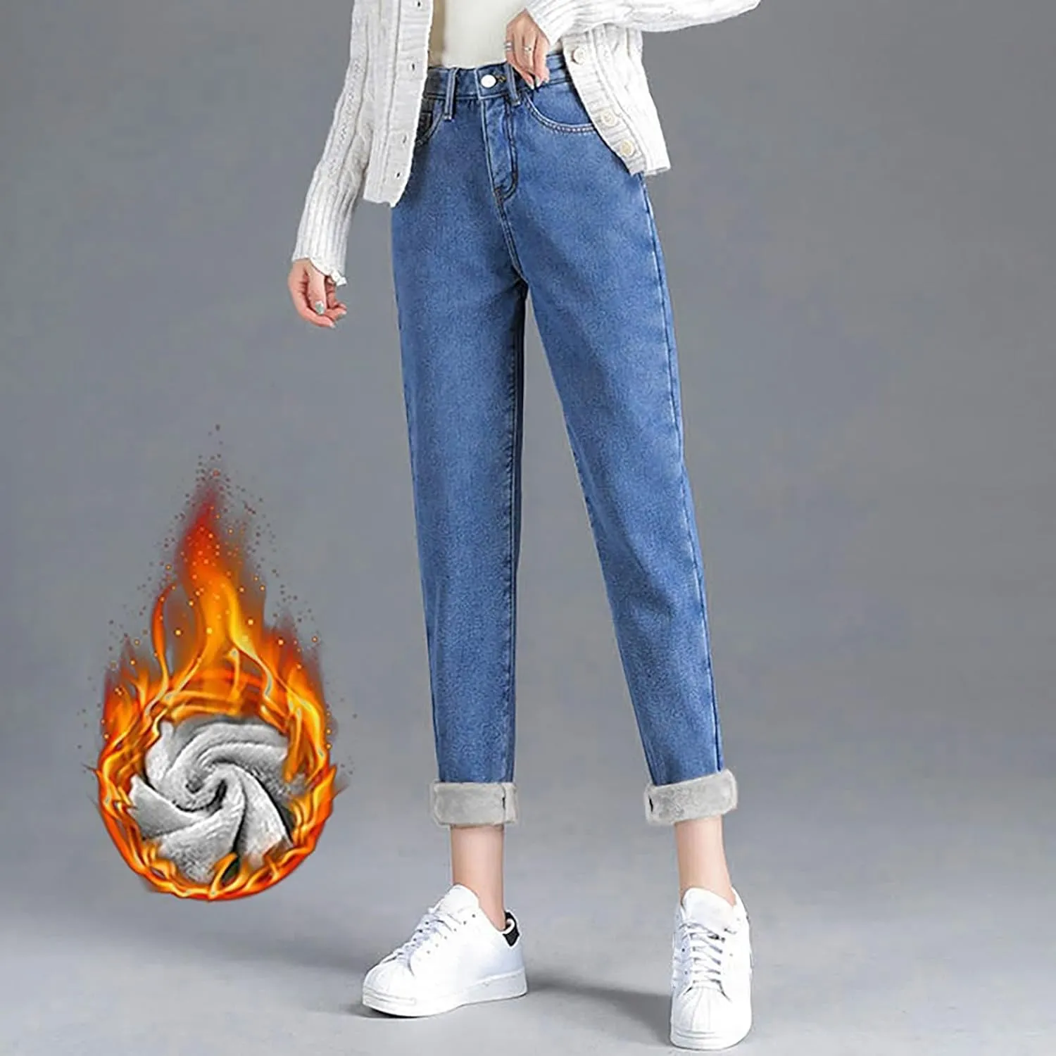 Women's Jeans High Waisted Warm Winter Lounge Stretch Fleece Lined Thicken Boot Cut Slim Fit Trousers with Pockets