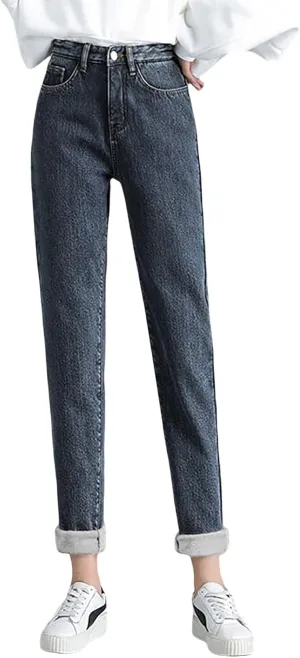 Women's Jeans High Waisted Warm Winter Lounge Stretch Fleece Lined Thicken Boot Cut Slim Fit Trousers with Pockets