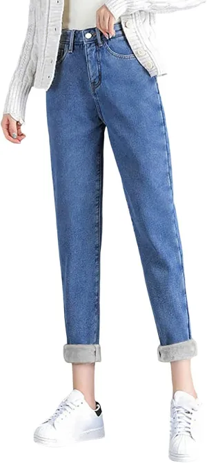 Women's Jeans High Waisted Warm Winter Lounge Stretch Fleece Lined Thicken Boot Cut Slim Fit Trousers with Pockets