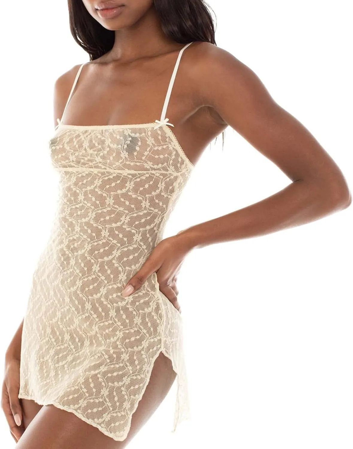 Women's Lace Mini Dress Elegant Ruffle Ruched Spaghetti Strap V Neck Low Cut Bodycon Dress Party Club Swing Dress Clubwear