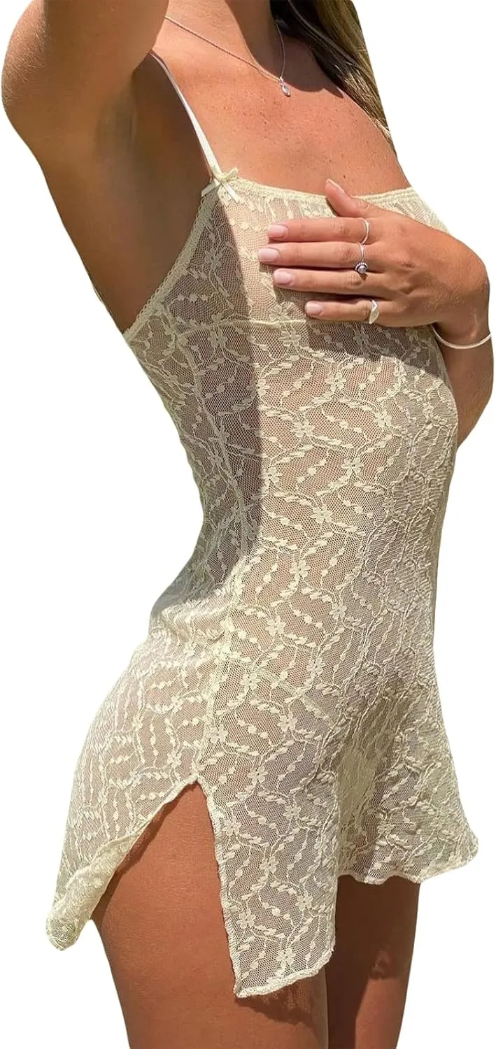Women's Lace Mini Dress Elegant Ruffle Ruched Spaghetti Strap V Neck Low Cut Bodycon Dress Party Club Swing Dress Clubwear