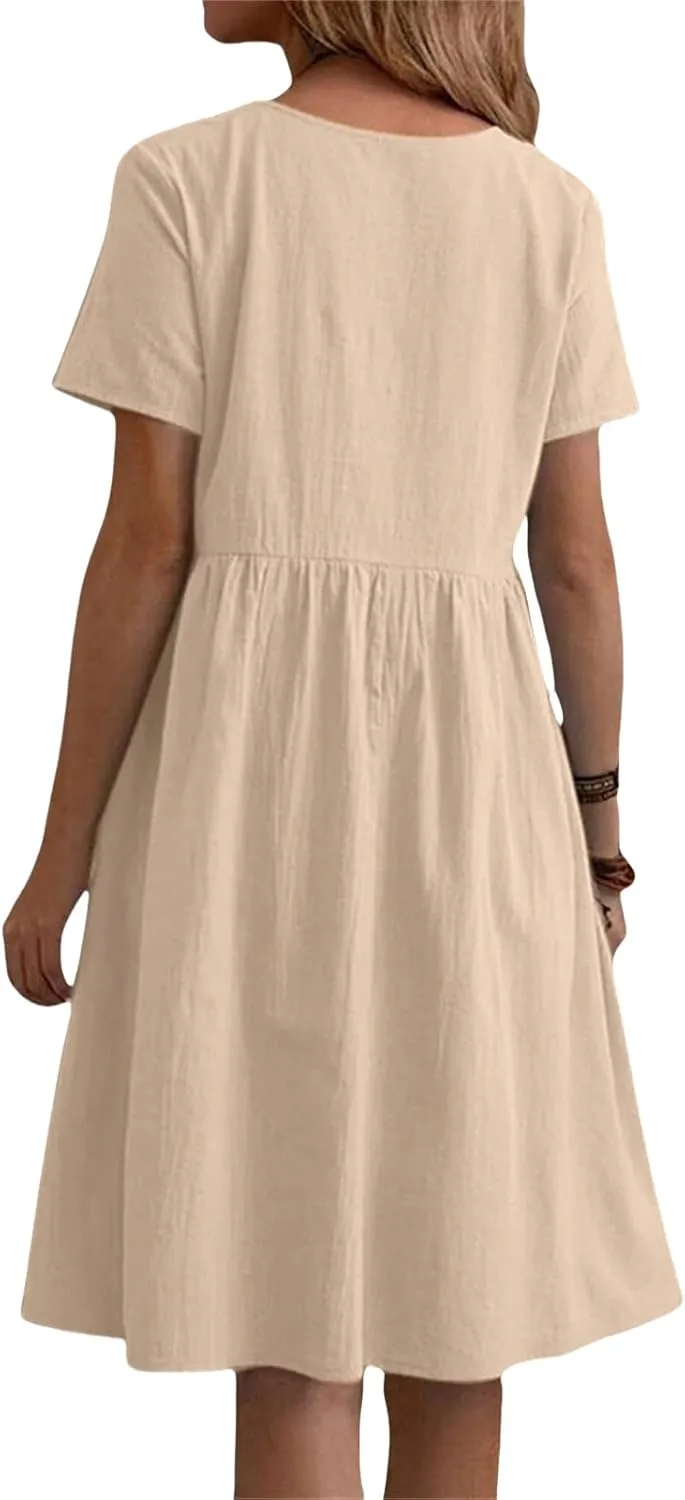 Womens Linen Dresses Casual Crew Neck Short Sleeve Mini Dress Summer Comfy Loose Ruffle Hem Sundress with Pockets