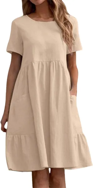 Womens Linen Dresses Casual Crew Neck Short Sleeve Mini Dress Summer Comfy Loose Ruffle Hem Sundress with Pockets