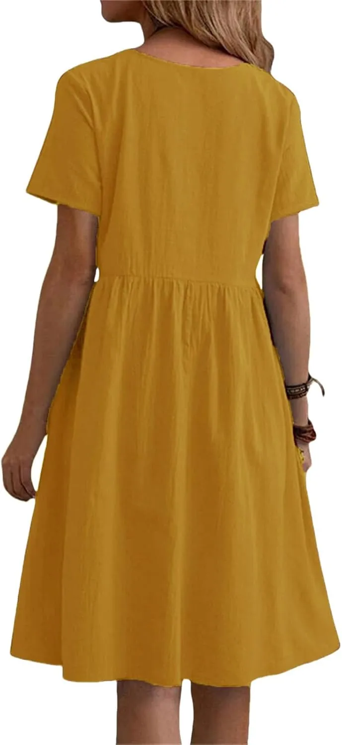 Womens Linen Dresses Casual Crew Neck Short Sleeve Mini Dress Summer Comfy Loose Ruffle Hem Sundress with Pockets