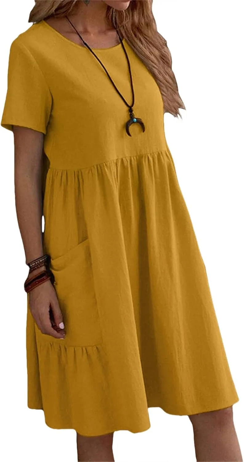 Womens Linen Dresses Casual Crew Neck Short Sleeve Mini Dress Summer Comfy Loose Ruffle Hem Sundress with Pockets