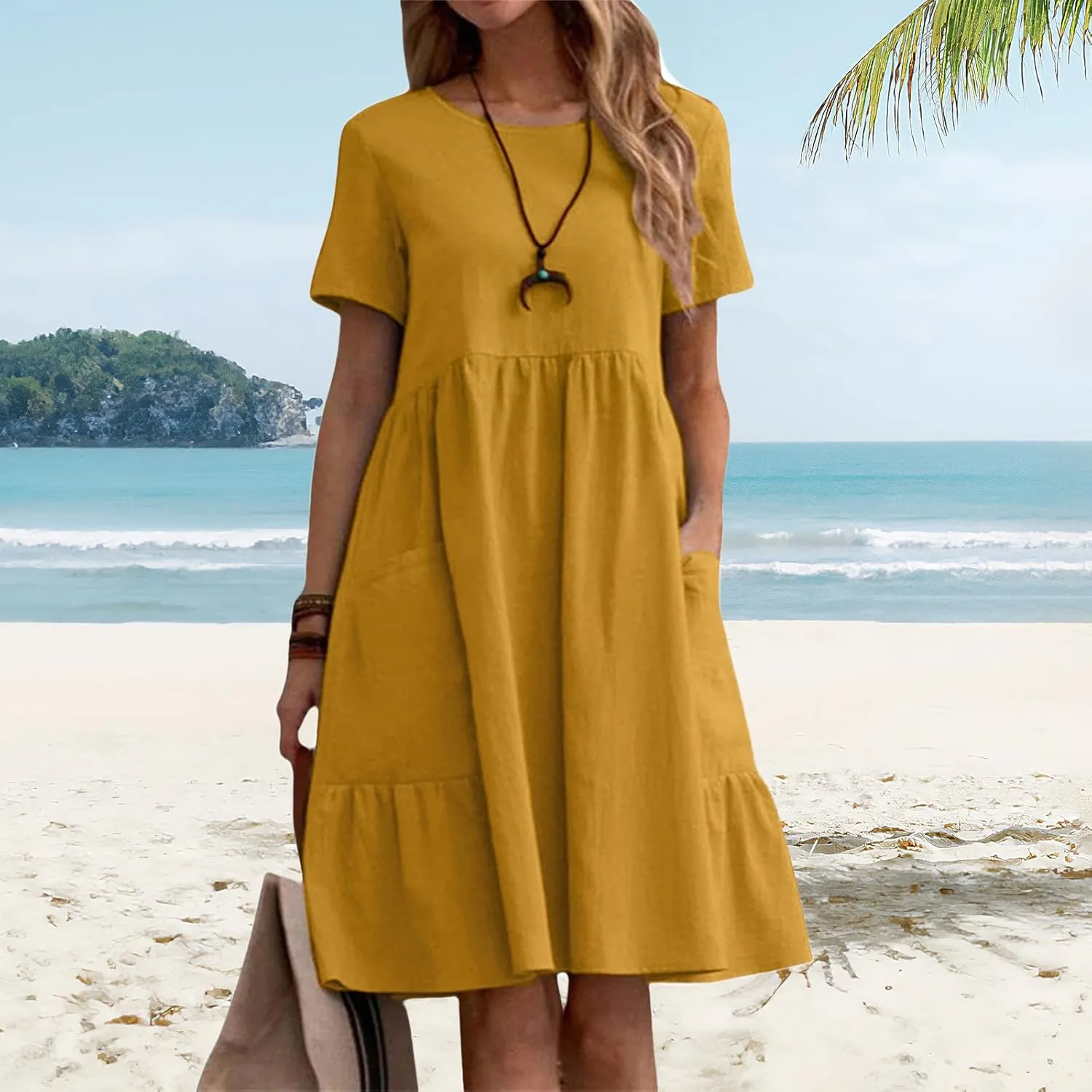 Womens Linen Dresses Casual Crew Neck Short Sleeve Mini Dress Summer Comfy Loose Ruffle Hem Sundress with Pockets