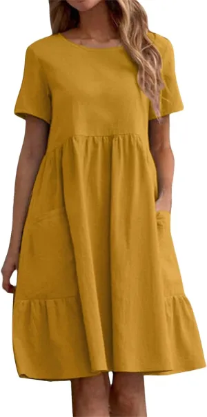 Womens Linen Dresses Casual Crew Neck Short Sleeve Mini Dress Summer Comfy Loose Ruffle Hem Sundress with Pockets