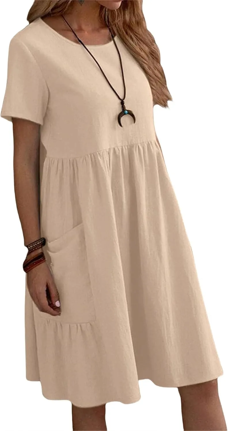 Womens Linen Dresses Casual Crew Neck Short Sleeve Mini Dress Summer Comfy Loose Ruffle Hem Sundress with Pockets