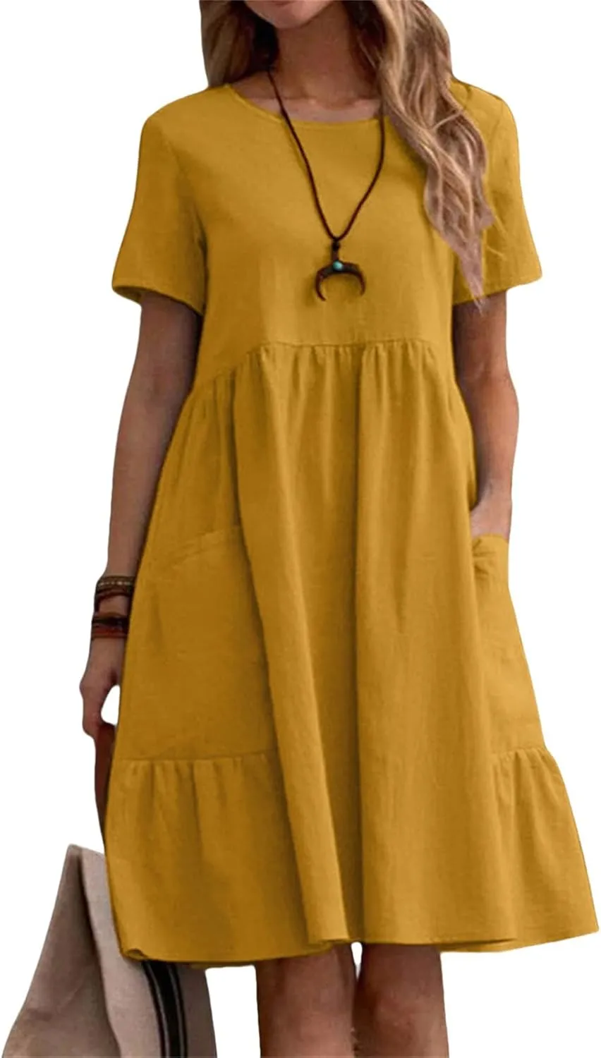 Womens Linen Dresses Casual Crew Neck Short Sleeve Mini Dress Summer Comfy Loose Ruffle Hem Sundress with Pockets