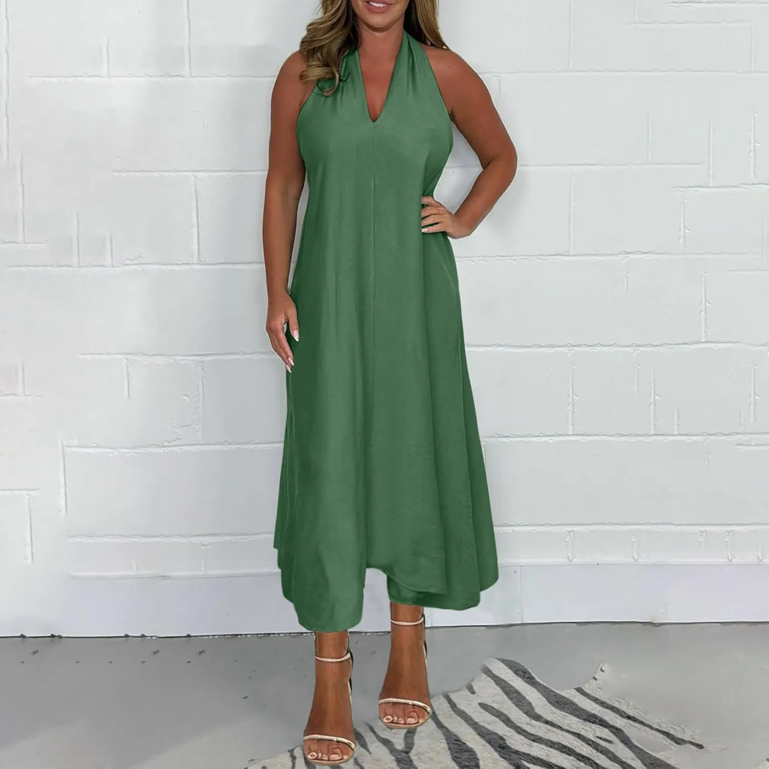 Women's Linen Long Dress Loose Fit Halter Sleeveless Casual Summer Maxi Dresses Solid A-Line Pleated Beach Dress