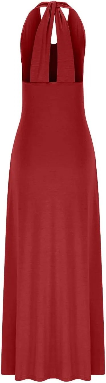Women's Linen Long Dress Loose Fit Halter Sleeveless Casual Summer Maxi Dresses Solid A-Line Pleated Beach Dress