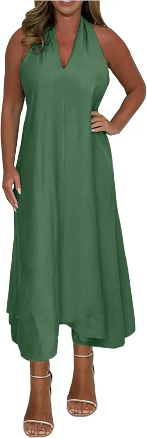 Women's Linen Long Dress Loose Fit Halter Sleeveless Casual Summer Maxi Dresses Solid A-Line Pleated Beach Dress