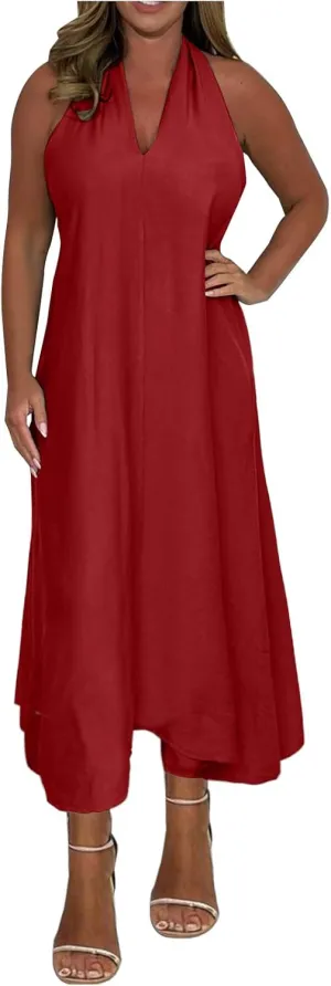 Women's Linen Long Dress Loose Fit Halter Sleeveless Casual Summer Maxi Dresses Solid A-Line Pleated Beach Dress