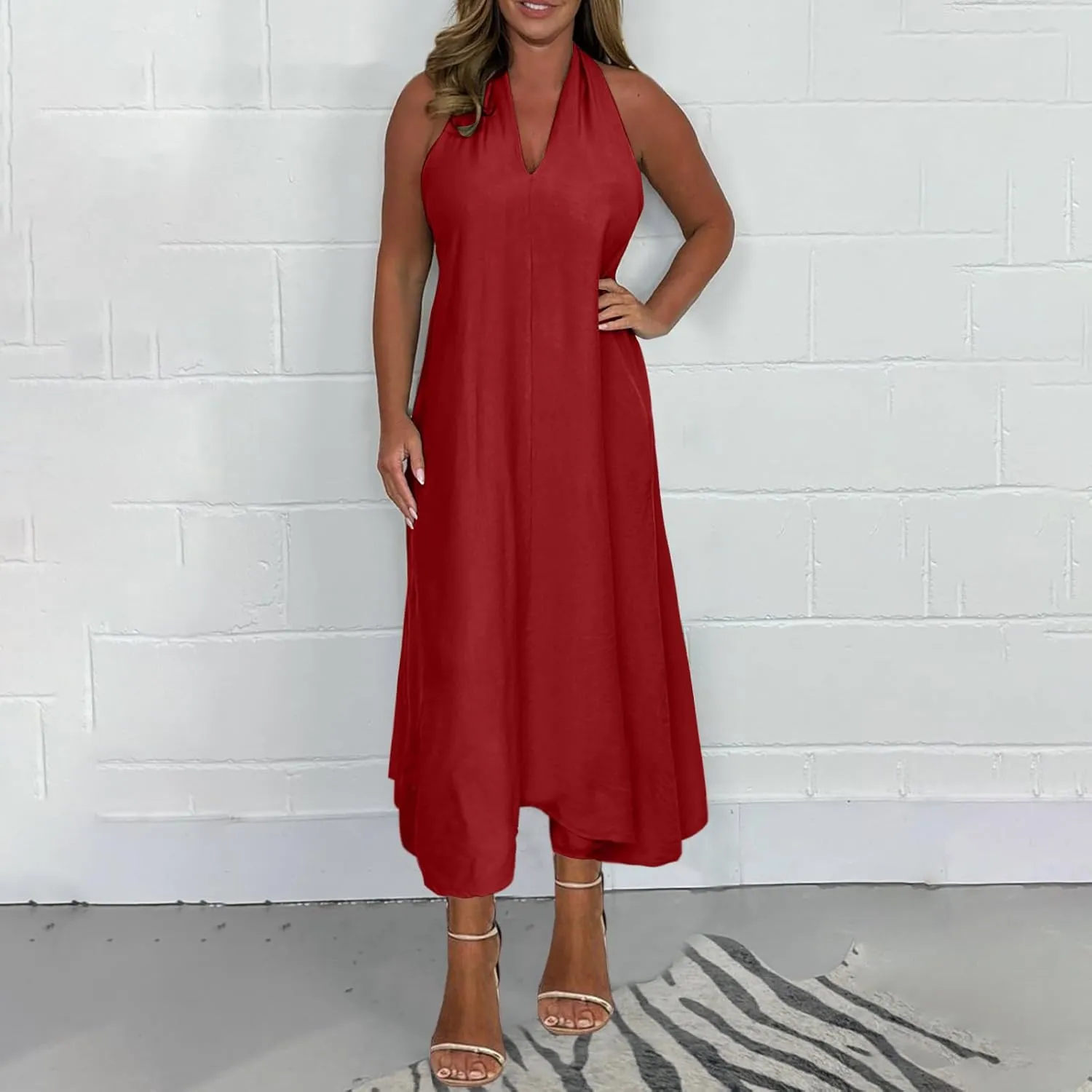 Women's Linen Long Dress Loose Fit Halter Sleeveless Casual Summer Maxi Dresses Solid A-Line Pleated Beach Dress