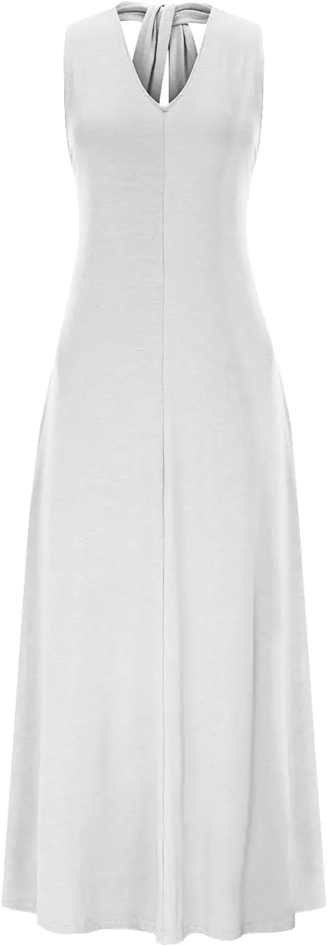 Women's Linen Long Dress Loose Fit Halter Sleeveless Casual Summer Maxi Dresses Solid A-Line Pleated Beach Dress