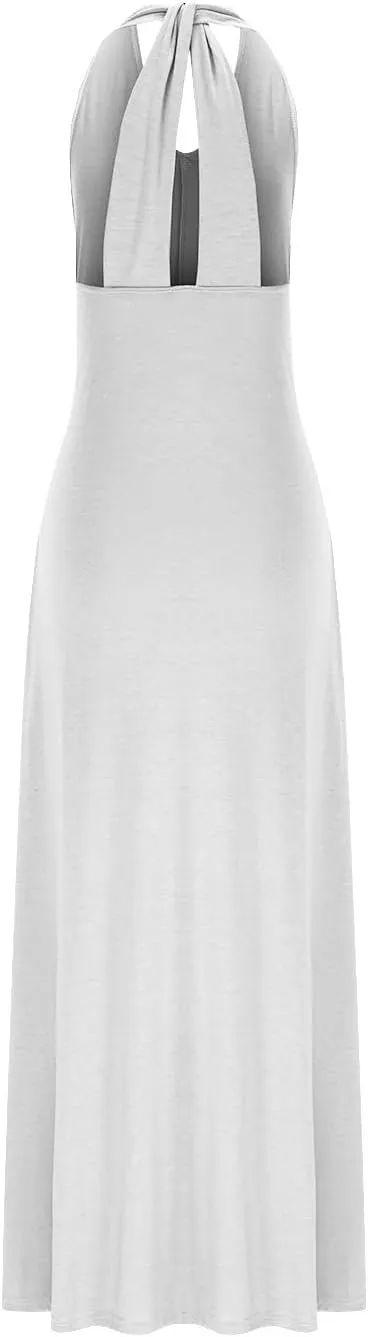 Women's Linen Long Dress Loose Fit Halter Sleeveless Casual Summer Maxi Dresses Solid A-Line Pleated Beach Dress
