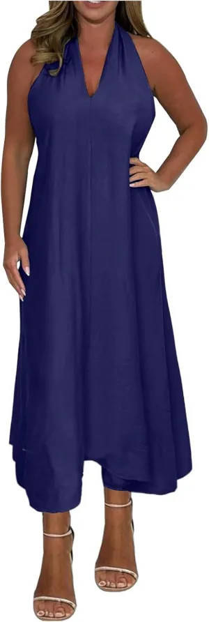 Women's Linen Long Dress Loose Fit Halter Sleeveless Casual Summer Maxi Dresses Solid A-Line Pleated Beach Dress