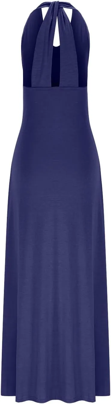 Women's Linen Long Dress Loose Fit Halter Sleeveless Casual Summer Maxi Dresses Solid A-Line Pleated Beach Dress