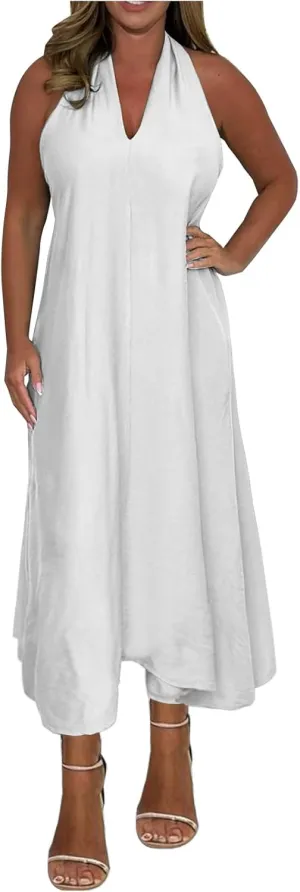 Women's Linen Long Dress Loose Fit Halter Sleeveless Casual Summer Maxi Dresses Solid A-Line Pleated Beach Dress