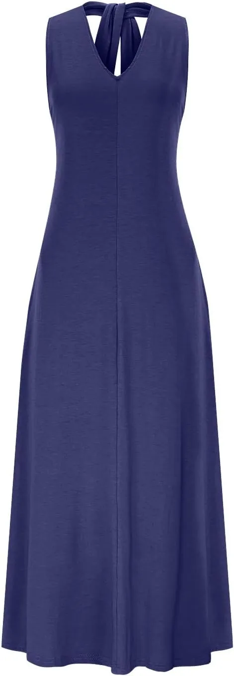 Women's Linen Long Dress Loose Fit Halter Sleeveless Casual Summer Maxi Dresses Solid A-Line Pleated Beach Dress
