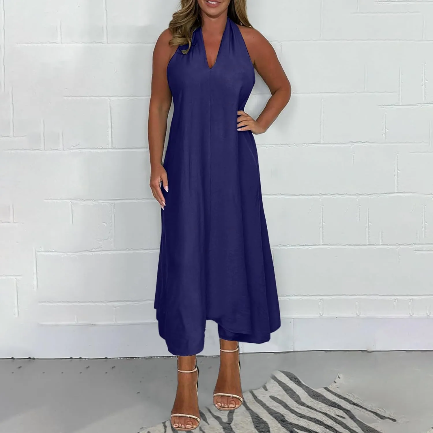 Women's Linen Long Dress Loose Fit Halter Sleeveless Casual Summer Maxi Dresses Solid A-Line Pleated Beach Dress