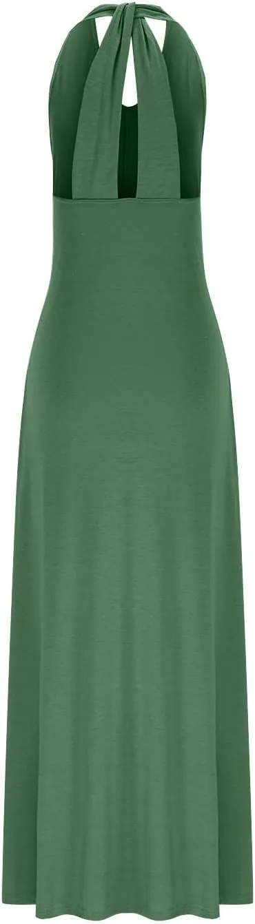 Women's Linen Long Dress Loose Fit Halter Sleeveless Casual Summer Maxi Dresses Solid A-Line Pleated Beach Dress