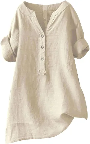 Women's Linen Shirts Summer Linen Floral Short Sleeve T Shirt Casual Loose Fit Henley V-Neck Tee Shirt
