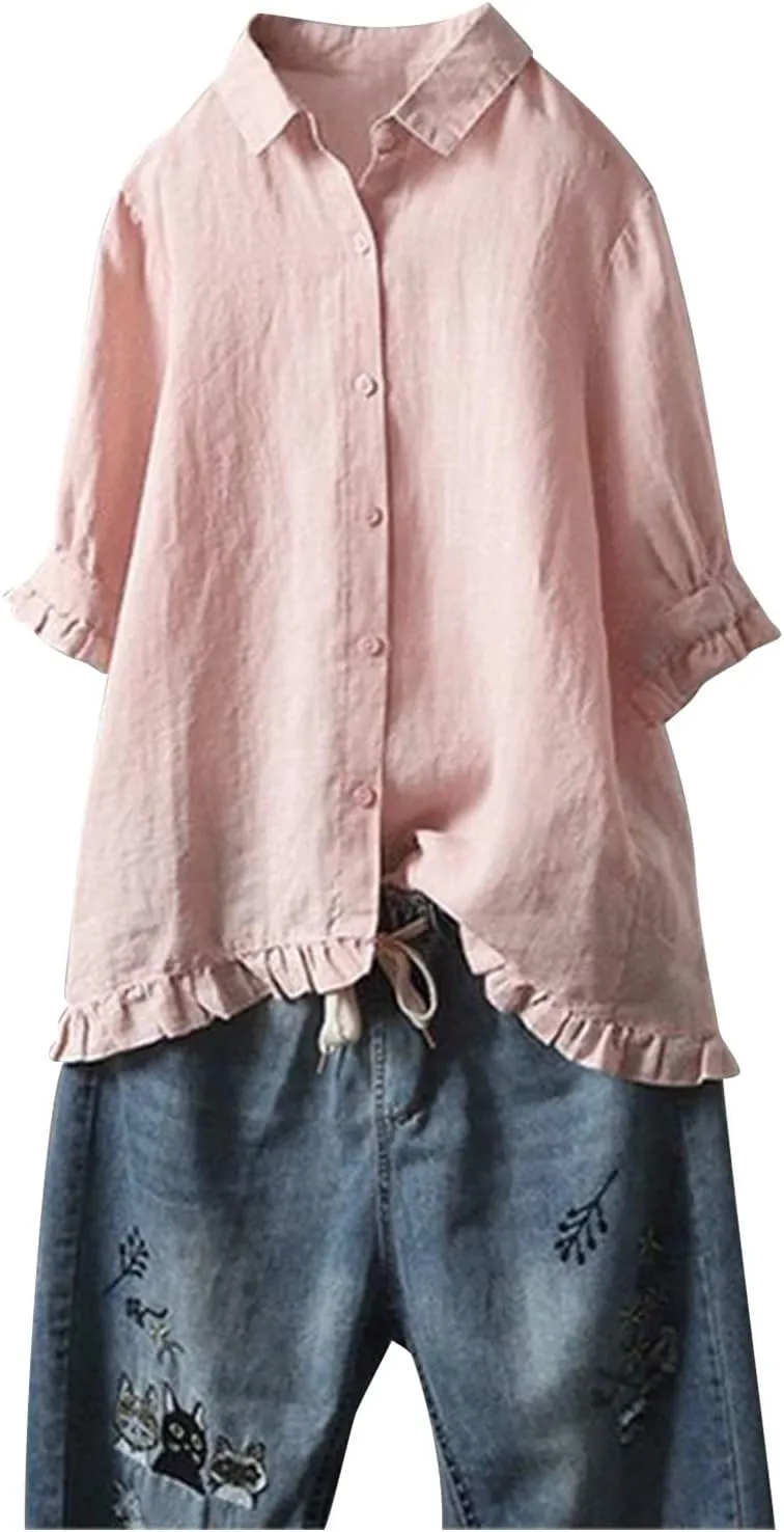 Women's Linen Shirts Summer Linen Solid Color Long Sleeve Tunic Tops Casual Plus Size Soft Crew Neck Tee Tops