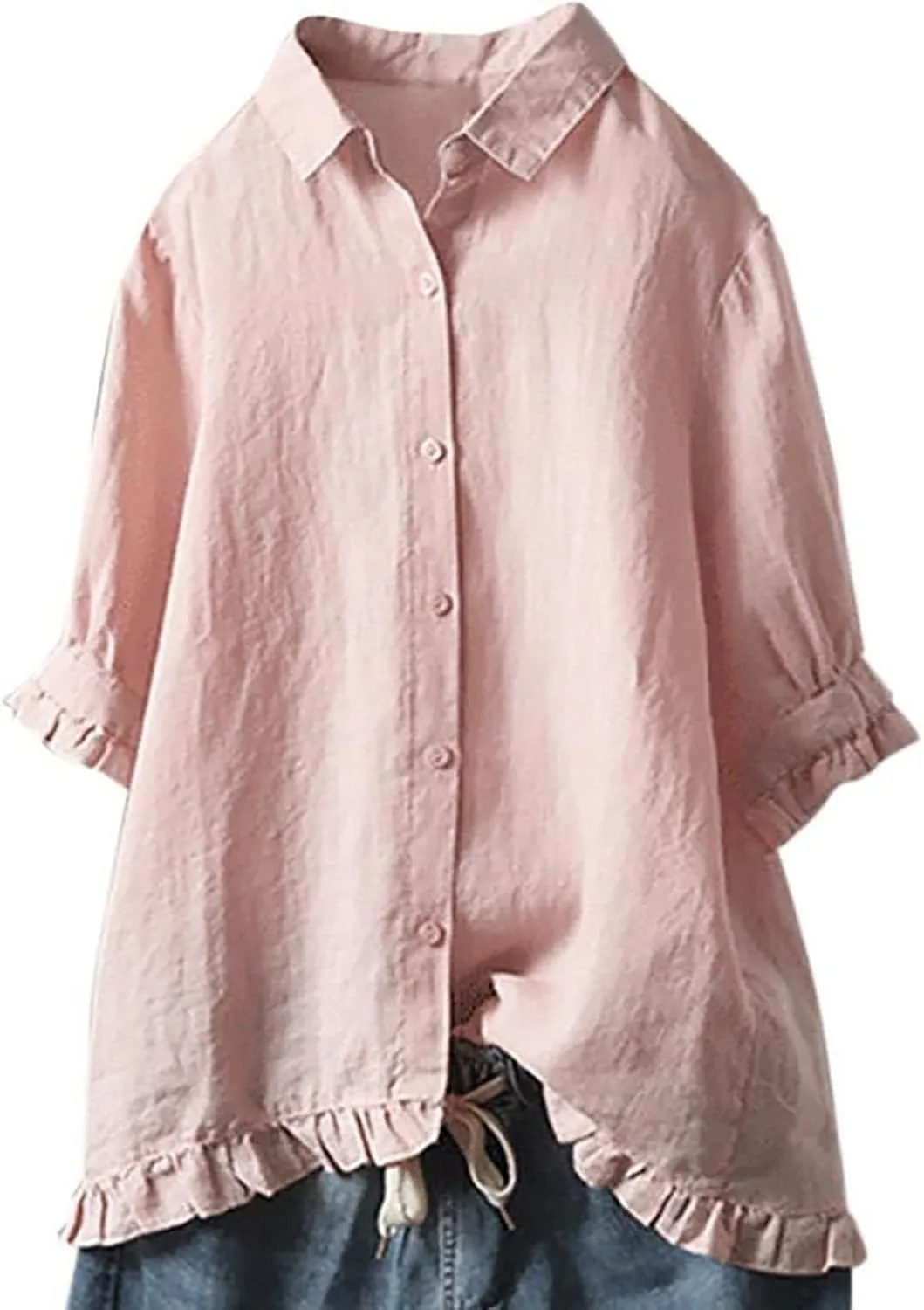 Women's Linen Shirts Summer Linen Solid Color Long Sleeve Tunic Tops Casual Plus Size Soft Crew Neck Tee Tops