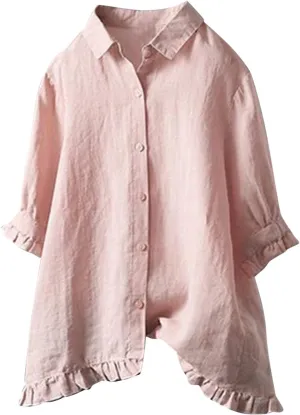 Women's Linen Shirts Summer Linen Solid Color Long Sleeve Tunic Tops Casual Plus Size Soft Crew Neck Tee Tops