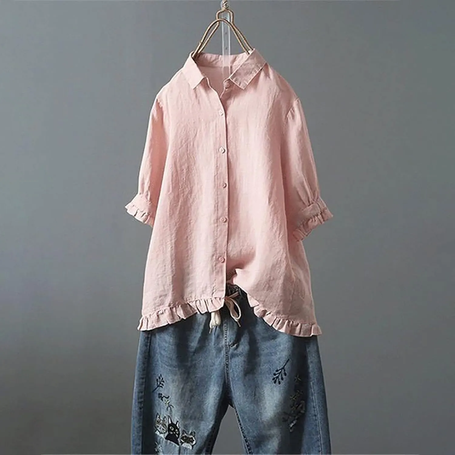 Women's Linen Shirts Summer Linen Solid Color Long Sleeve Tunic Tops Casual Plus Size Soft Crew Neck Tee Tops