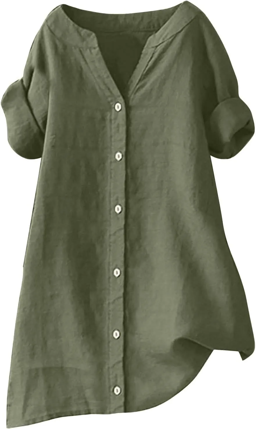 Women's Linen Shirts V-Neck Button Blouse Plain Solid Summer Tee Tops Long Sleeve Loose Fit T-Shirts