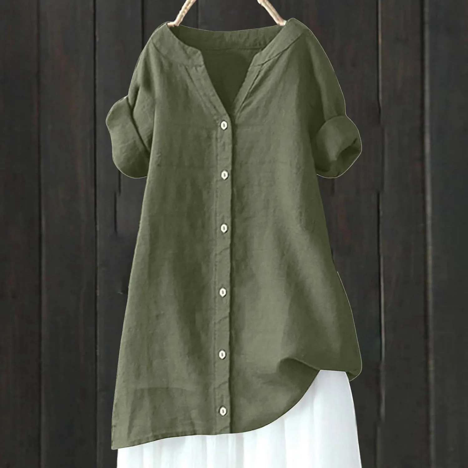Women's Linen Shirts V-Neck Button Blouse Plain Solid Summer Tee Tops Long Sleeve Loose Fit T-Shirts