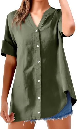 Women's Linen Shirts V-Neck Button Blouse Plain Solid Summer Tee Tops Long Sleeve Loose Fit T-Shirts