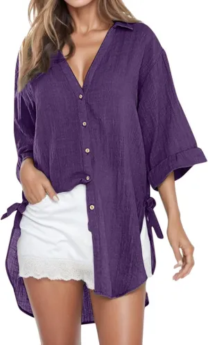 Women's Linen Shirts V-Neck Button Blouses Lapel Collar 2025 Summer Tee Shirts Long Sleeve Loose Fit T-Shirt
