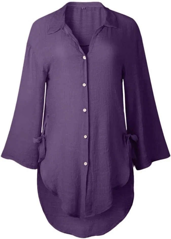 Women's Linen Shirts V-Neck Button Blouses Lapel Collar 2025 Summer Tee Shirts Long Sleeve Loose Fit T-Shirt