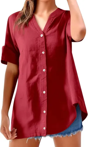 Womens Linen Shirts V Neck Button Up Blouse Solid Color Comfy Tops Long Sleeve Loose T Shirt