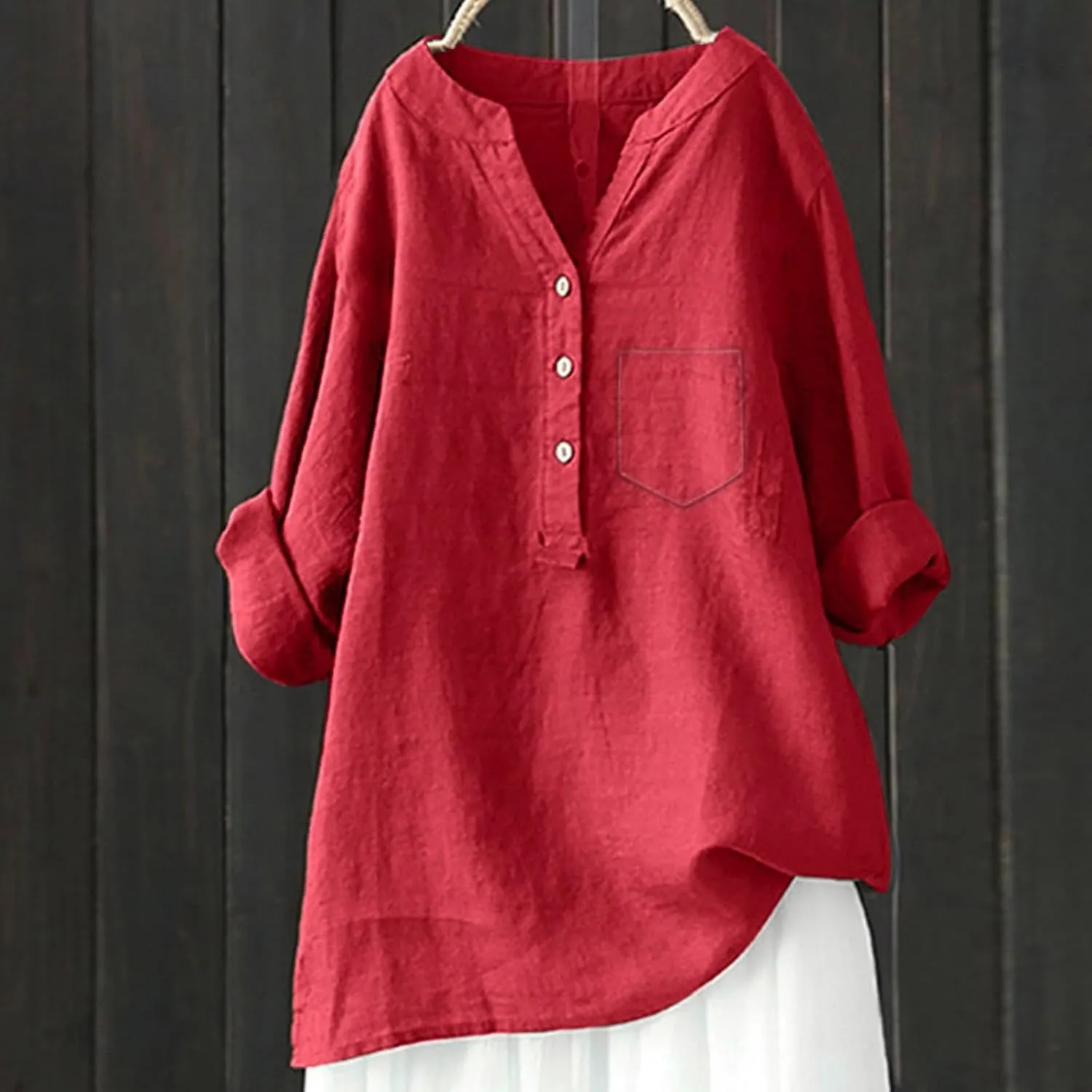 Womens Linen Shirts V Neck Button Up Blouse Solid Color Comfy Tops Long Sleeve Loose T Shirt