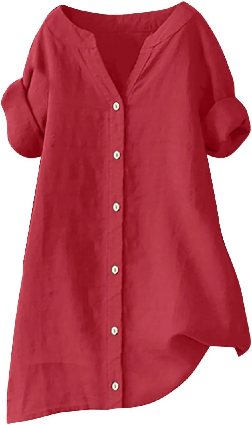 Womens Linen Shirts V Neck Button Up Blouse Solid Color Comfy Tops Long Sleeve Loose T Shirt