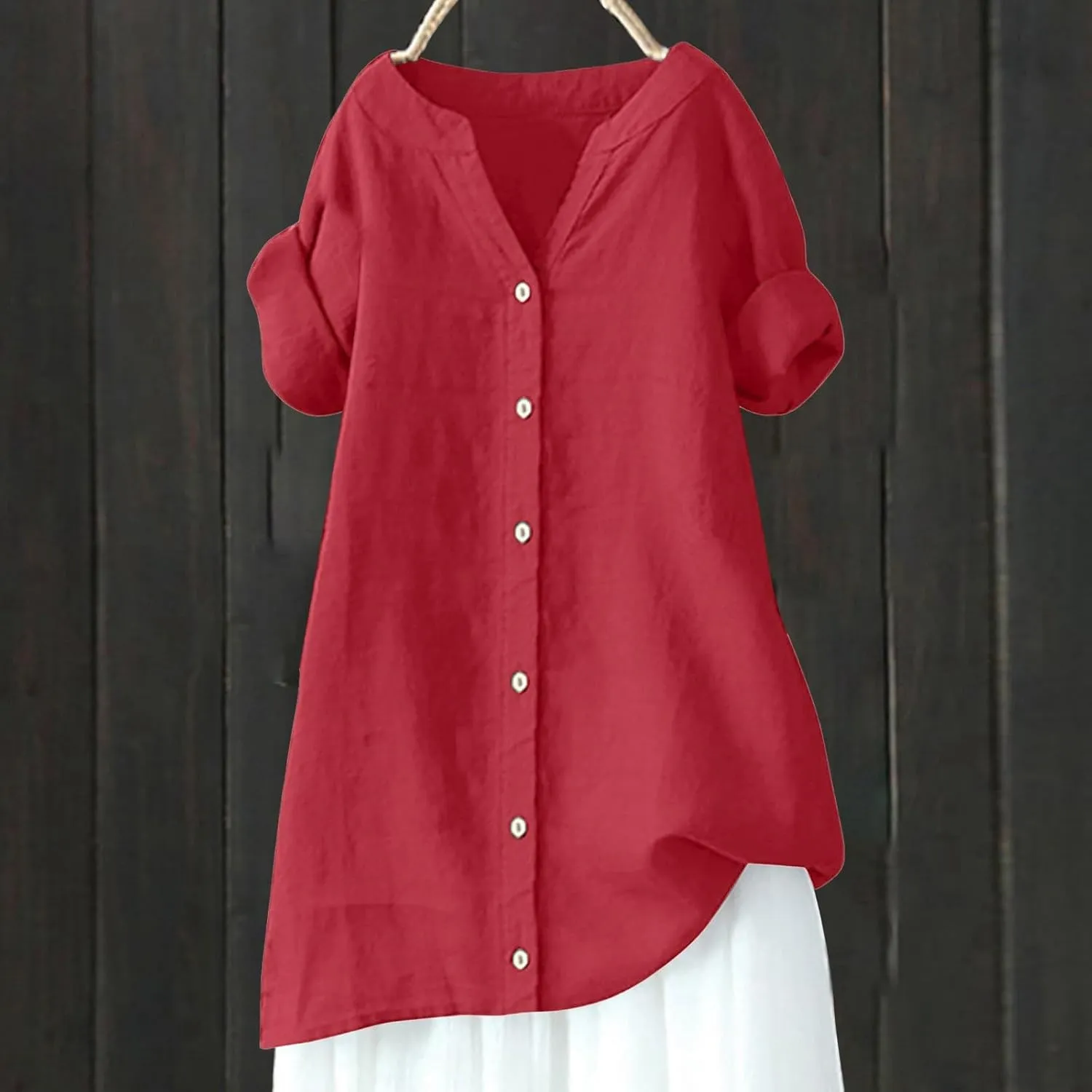 Womens Linen Shirts V Neck Button Up Blouse Solid Color Comfy Tops Long Sleeve Loose T Shirt