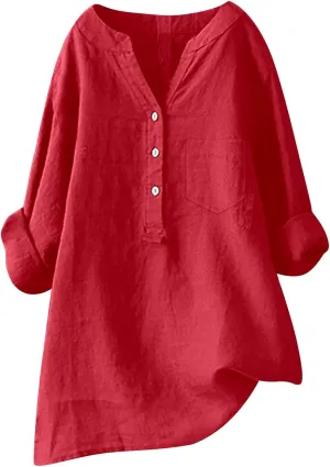 Womens Linen Shirts V Neck Button Up Blouse Solid Color Comfy Tops Long Sleeve Loose T Shirt