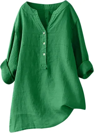 Womens Linen Shirts V Neck Button Up Blouses Plain Trendy Dressy Tshirt Short Sleeve Loose Fit Shirt