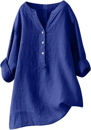 Womens Linen Shirts V Neck Button Up Blouses Plain Trendy Dressy Tshirt Short Sleeve Loose Fit Shirt