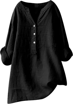 Women's Linen Shirts V Neck Buttons Blouses Lapel Collar Dressy Tops Long Sleeve Loose Fit Shirts