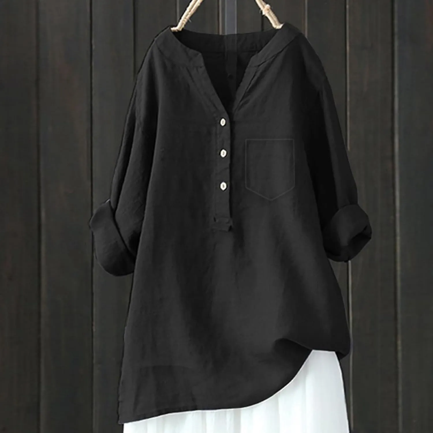 Women's Linen Shirts V Neck Buttons Blouses Lapel Collar Dressy Tops Long Sleeve Loose Fit Shirts