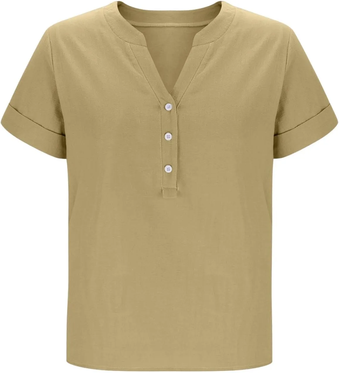 Womens Linen T Shirts Summer Short Sleeve Half Button Henley Shirts Dressy V Neck Boho Side Slit Blouse Tunic Tops
