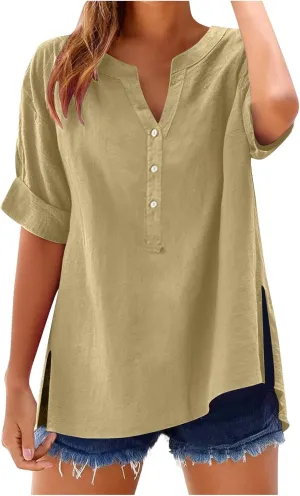 Womens Linen T Shirts Summer Short Sleeve Half Button Henley Shirts Dressy V Neck Boho Side Slit Blouse Tunic Tops