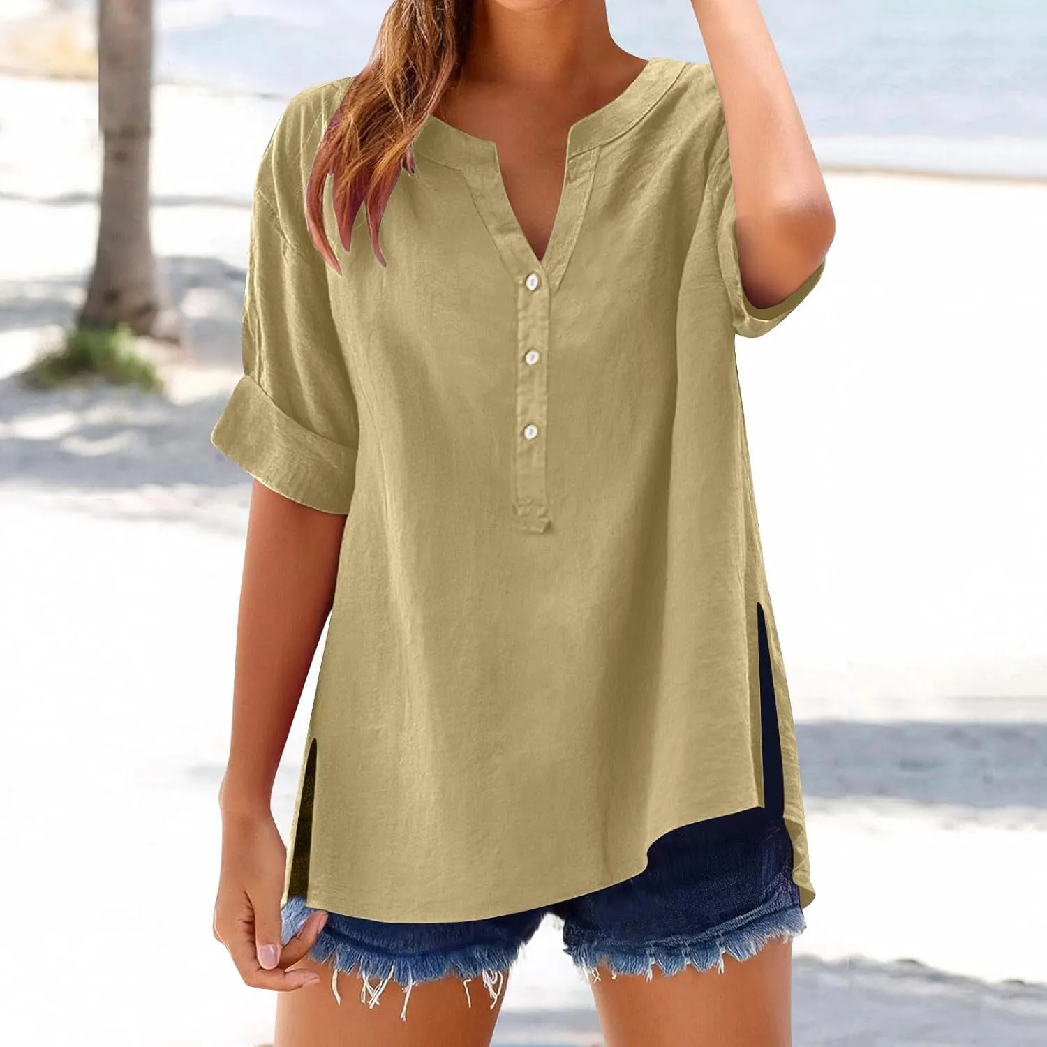 Womens Linen T Shirts Summer Short Sleeve Half Button Henley Shirts Dressy V Neck Boho Side Slit Blouse Tunic Tops