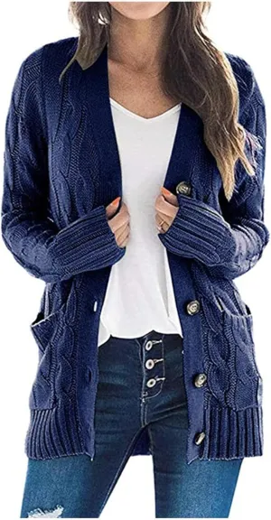 Womens Long Sleeve Open Front Knitted Cardigan Sweater Button Down Chunky Outwear Coat